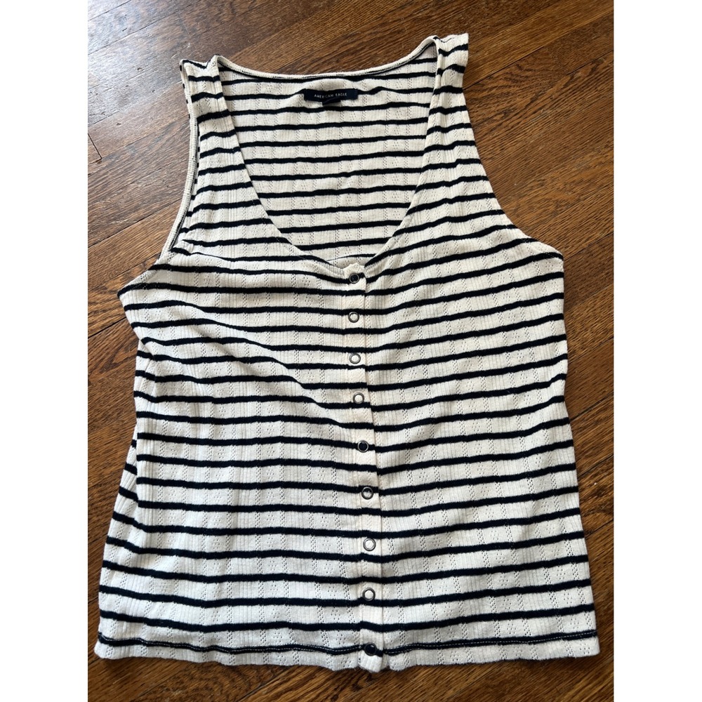 American Eagle Striped Pointelle Knit Button Front Tank Top Black White Medium